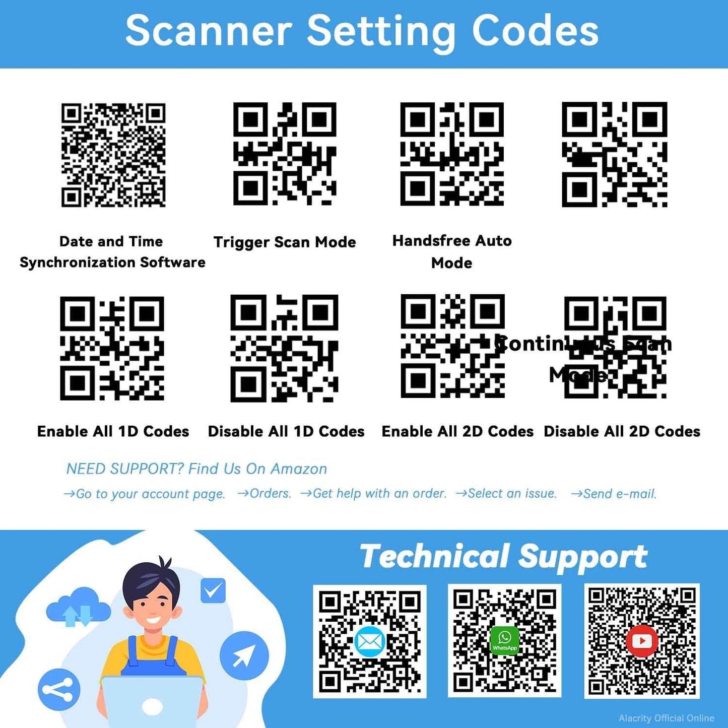 Alacrity Wireless Charging Barcode Scanner, 1D/2D Symbologies, Global Shutter Scan Sensor, Long-Distance 433MHz Wireless & Bluetooth Connectivity, Industrial Shock and Dust-Proof Barcode Reader, Blue