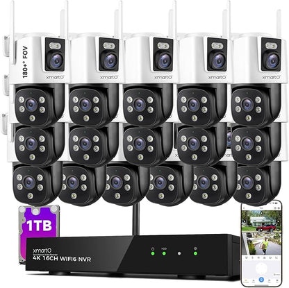 [2-in-1 CAM*16] XMARTO 32-View WiFi 6 Mesh Security Camera System Outdoor Wireless, 16x Dual-Lens CAM, 16CH 4K Long Range WiFi6 Surveillance NVR Kit, 4MP PTZ Home CCTV Set w. 1TB HDD, No Monthly Fee