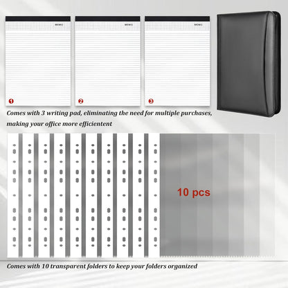 Leathario Portfolio Binder, Includes 10 Sheet Protectors and 3 Notepads, 3-Ring Folder Organizer, A4 Padfolio with Zipper, Vegan Leather Tablet Sleeve, Business Office Conference Clipboards