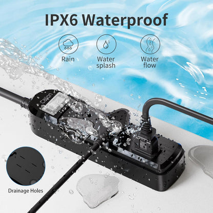 IPX6 Outdoor Power Strip Weatherproof, Waterproof Surge Protector with 3 Wide Outlet 12FT Long Extension Cord, Wall Mountable for Outside Decorations and More UL Listed(Black)
