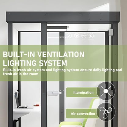 Office Sound Booth with Audio Privacy - Modern Soundproof Booth Includes Black Transparent Glass Design,Freestanding Office Room with Light, Fans,Casters for Study,Game (52.36IN)