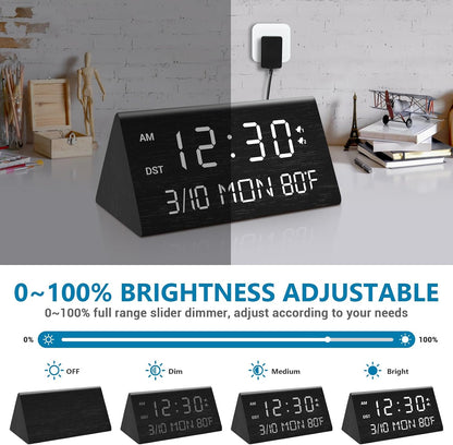 Kogonee Wooden Digital Alarm Clock, 0-100% Dimmer, 2 Alarm Settings, Weekday/Everyday Mode, 9 Mins Snooze, 12/24H, Temperature and Date Display for Office, Travel, Bedroom Alarm Clock (Black)