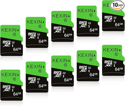 KEXIN 64GB Micro SD Card 10 Pack with SD Adapter microSDXC Memory Card UHS-I C10 U1 Micro SD Cards Bulk Full HD High Speed TF Card for Smartphone Tablet Action Camera Dash Cam Game Console, 10Pack 64G