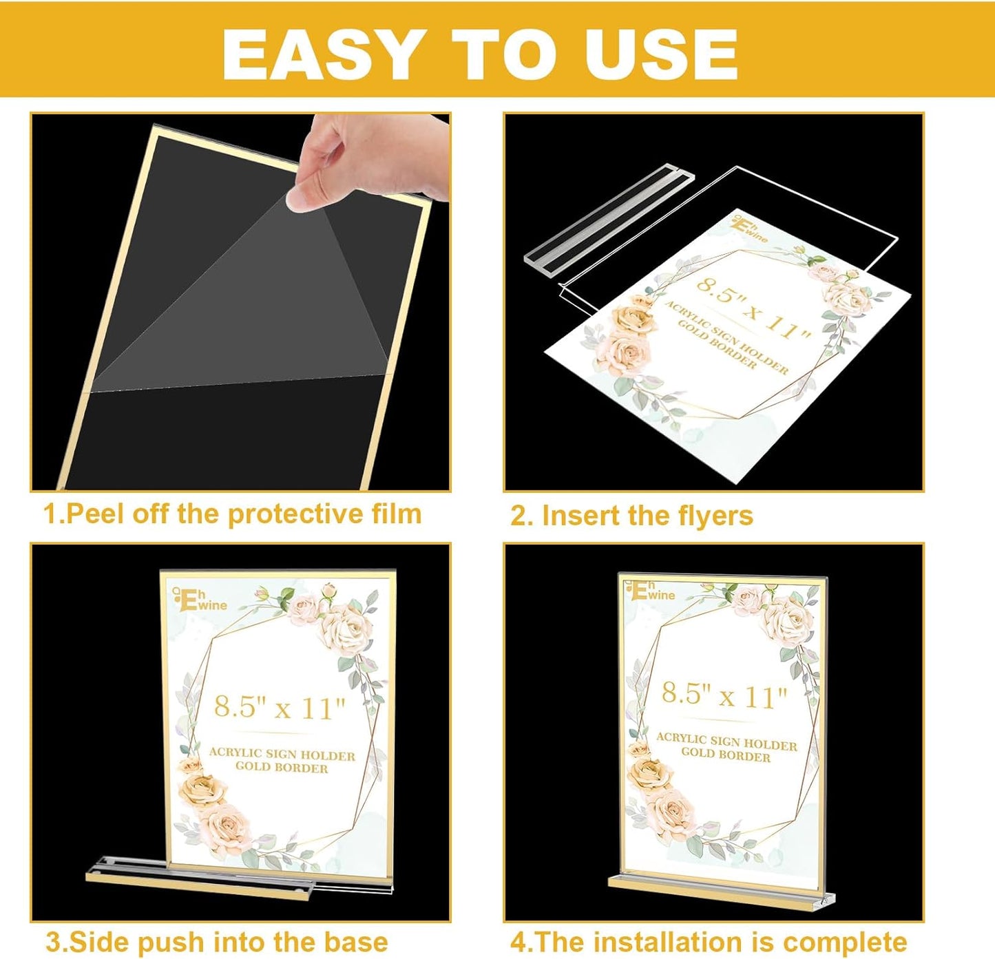 EHWINE 8 Pack Acrylic Sign Holder 8.5 x 11, Double-Sided Tabletop Gold Sign Holder, Clear Acrylic Picture Frame Menu Flyer Paper Holder Display Stand for Home Wedding Party (with Non-Slip Pads)