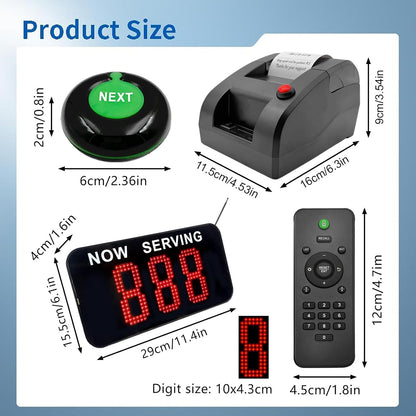 Take a Number System Electronic Queue Calling System with 1 Now Serving Number Display 3 Next Call Button 1 Ticket Dispenser Printer 57mm Thermal Receipt Rolls 1 Remote Control for Office Window