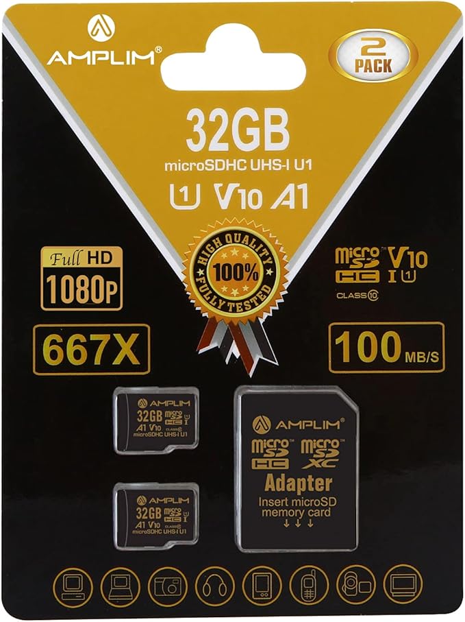 Amplim 32GB Micro SD Card, 2 Pack MicroSD Memory Plus Adapter, MicroSDHC Class 10 UHS-I U1 V10 TF Extreme High Speed Switch, Raspberry Pi, Phone Galaxy, Camera Cam, Tablet, PC