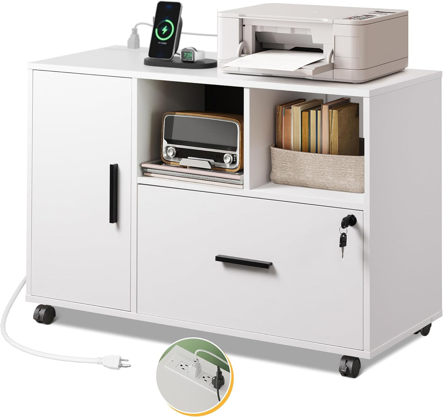 DEVAISE File Cabinet with Charging Station, 1-Drawer Lateral File Cabinets with Lock for Home Office, Wooden Rolling Printer Stand with Shelves, White