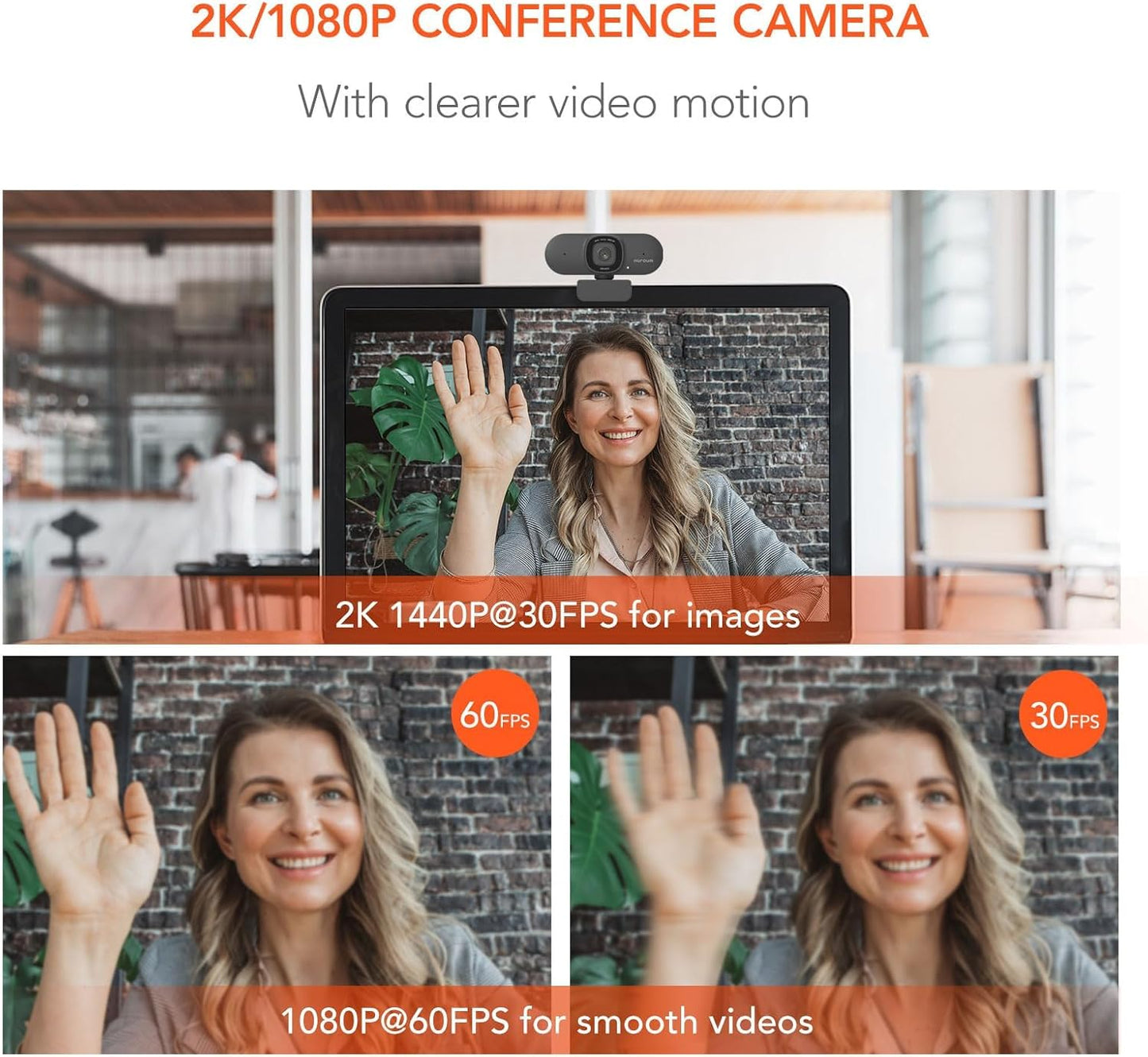 NUROUM V15AF 2K Webcam for PC, 1080P 60fps Autofocus HD Webcam with Dual Noise Cancelling Microphone, 75° FOV&Light Correction, USB Web Camera Plug&Play for Zoom/Teams,Grey