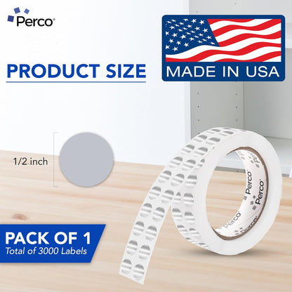 Perco Silver 1/2-Inch Round Circle Dot Sticker Labels with Permanent Adhesive for Wedding Invitations - 3,000 Labels per Roll - Vibrant Colors, Strong Adhesion - Made in USA