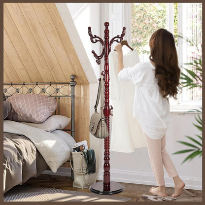 Wooden Coat Rack Freestanding, Vintage Coat Racks with Sturdy Round Base, Adjustable Height 37.40"-72.83" Entrance Coat Rack for Bedroom Living Room Entryway (Solid wood Rosewood)