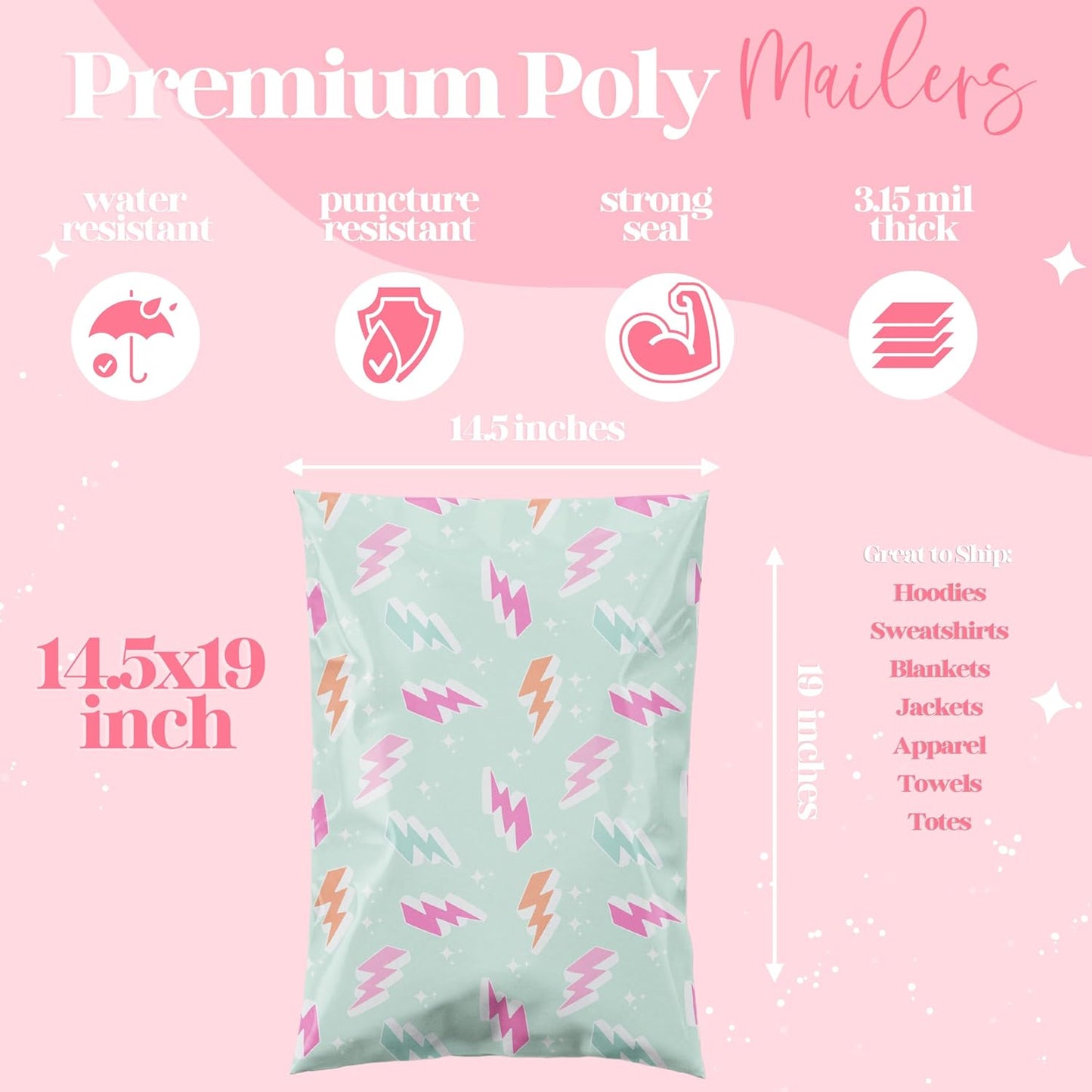 10x13 Designer Poly Mailer 100 Pack Heavy Duty Waterproof Self Seal Shipping Bags for Small Business Large Mailing Envelopes Bulk Tear Resistant Cute Packaging Lightning Bolt