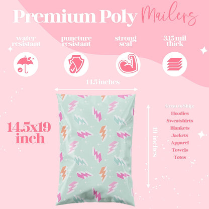 6x9 Designer Poly Mailer 100 Pack Heavy Duty Waterproof Self Seal Shipping Bags for Small Business Large Mailing Envelopes Bulk Tear Resistant Cute Packaging Lightning Bolt