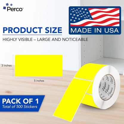 Perco Fluorescent Yellow Labels 3x5 Inch 500 Stickers/Roll with Easy Peel Perforation and Strong Adhesion for Inventory Management, Color Coding, Moving Boxes, Retail, Organizing & Crafts–Made in USA