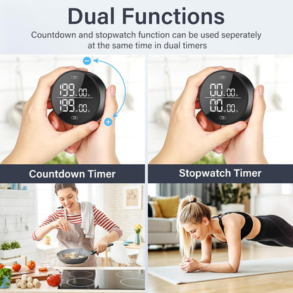 Dual Digital Kitchen Timer for Cooking, 199 Minutes Countdown & Stopwatch, Productivity Timer for Fridge, Big Digits, High-Definition Display, Rotary Adjustment, 3 Volumes, 2 Brightness Levels, Black