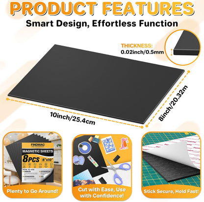 FINDMAG Magnetic Sheets, Flexible Magnets with Superior Adhesive Backing, Cut & Customize Magnet Sheet Set for Creating Magnetic Photo, Crafting, Organizing, and DIY Projects - 8 Pack (8" x 10")
