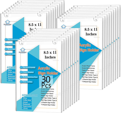 PecMuikee Acrylic Sign Holder 8.5x11, Wall Mount Acrylic Sign Holder and Plastic Paper Display Ad Frame bonus with 3M Tape and Mounting Screws for Restaurants, Office, Market, Library, Door, 30 Pcs