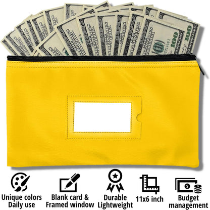 Money Bank Deposit Bag with Zipper | 11x6 inch | Yellow | Durable Leatherette Money Cash Coin Check Wallet Pouch for Men & Women with Framed ID Window and Blank Card | by GIDABRAND (3)