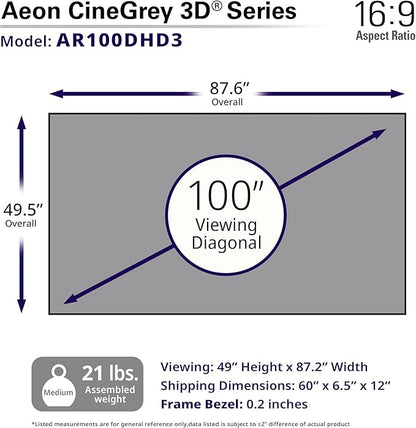 Elite Screens Aeon CineGrey 3D, 100" Fixed Frame CLR/ALR Projector Screen 16:9, Standard Throw Projection, Edge Free Ceiling & Ambient Light Rejecting, Wall-Mounted, for Movie Home Theater, AR100DHD3