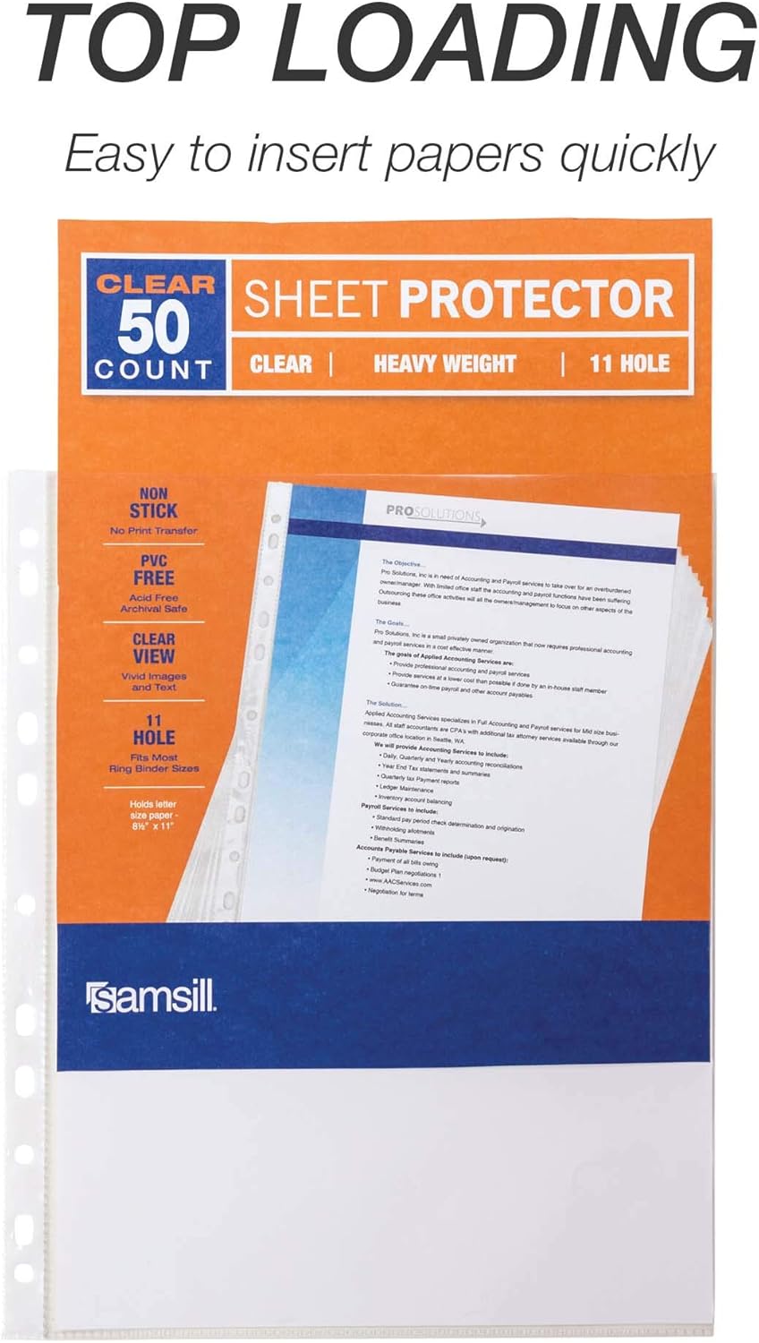 Samsill 50 Pack Standard Weight 11 Hole Clear Sheet Protectors, Acid Free Archival Safe, 8.5 x 11 inches, Top Loading
