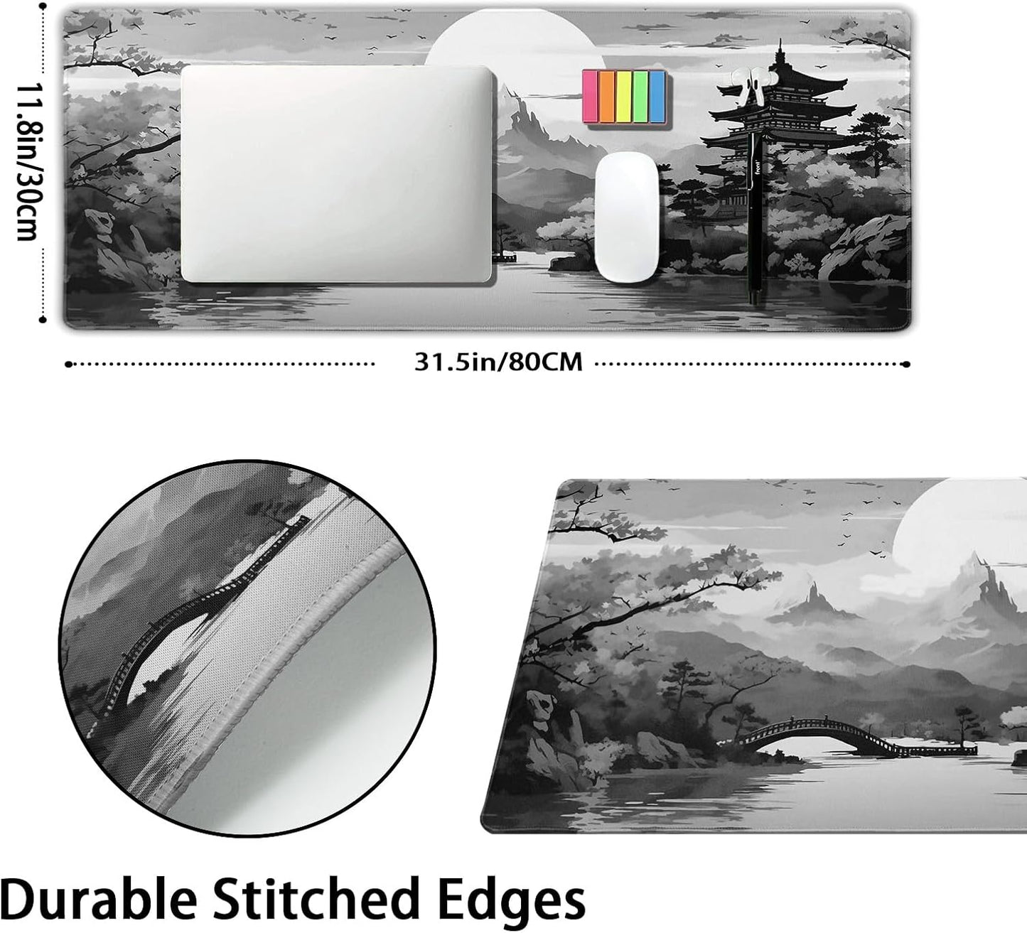 Black Gray Japanese Sakura Gaming Mouse Pad XXL Grey White Cherry Blossom Tower Mountain Aesthetic Extended Desk Mat Big Mousepad Non-Slip Rubber Base Stitched Edge Mousepad for Office,31.5×11.8 in