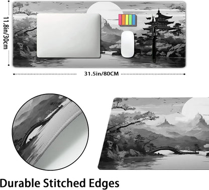 Black Gray Japanese Sakura Gaming Mouse Pad XXL Grey White Cherry Blossom Tower Mountain Aesthetic Extended Desk Mat Big Mousepad Non-Slip Rubber Base Stitched Edge Mousepad for Office,31.5×11.8 in