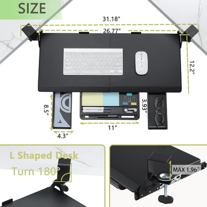 ETHU Keyboard Tray Under Desk, Ergonomic Corner Keyboard Tray with 180° Adjustable C Clamp for L Shape Desk 26.77" X 12.2" Easy to Install, Computer Keyboard Stand for Home and Office(Black)