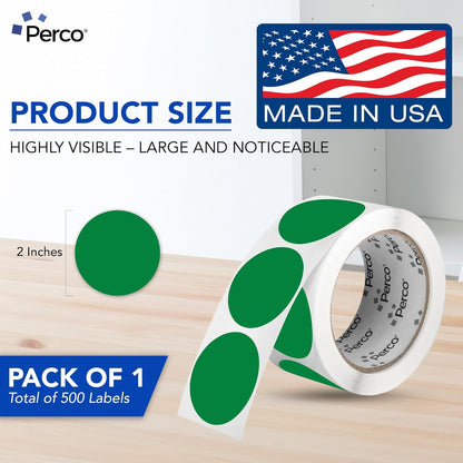 Perco Green 2-Inch Round Circle Dot Sticker Labels with Easy Peel Perforation - 500 Labels per Roll - Strong Adhesion, Vibrant Colors for Organizing, Crafting & More - Made in USA