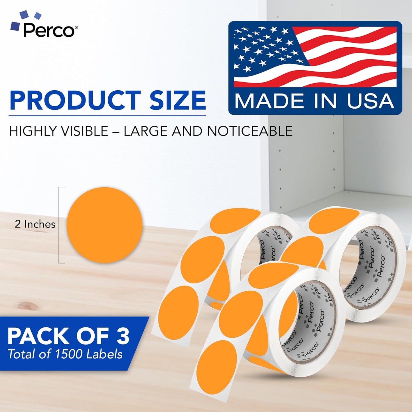 Perco Fluorescent Orange 2-Inch Round Circle Dot Sticker Labels - Multi-Roll Pack (3 Rolls, 500 Labels Each) - Permanent Adhesive, Vibrant Colors, Strong Hold - Perforated for Easy Use - Made in USA
