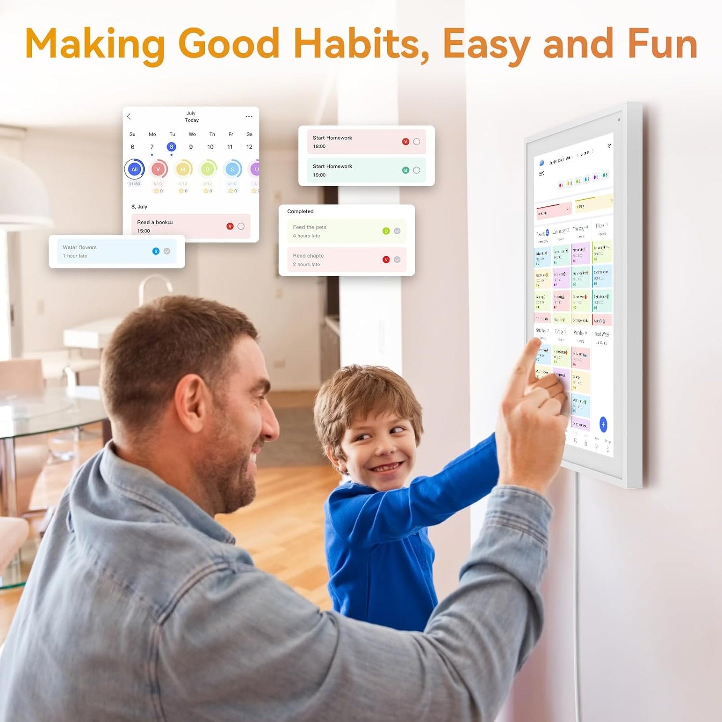 15.6'' Digital Calendar Chore Chart, Wall Touchscreen Smart Electronic Calendar for Interactive Family Schedules, Meal Planner, to Do List, Achievement Rewards Two-Way Sync w/Stand Wall Mount