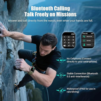 Military Smart Watches for Men，Smart Watch for Android iPhone with Large 2.01"Fitness HD Display/Flashlight/100-Day Battery/Compass/Heart Rate/120+ Sports Modes/IP68 Waterproof Smartwatch （2 Straps)