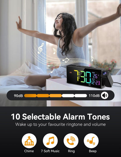 Netzu Projection Clock for Bedroom Ceiling, Alarm Clocks with 180° Rotatable Projector, Date Temperature and Weekday, Manual DST, 5 Brightness, 10 Ringtones, 4 Volumes and Snooze (RGB)