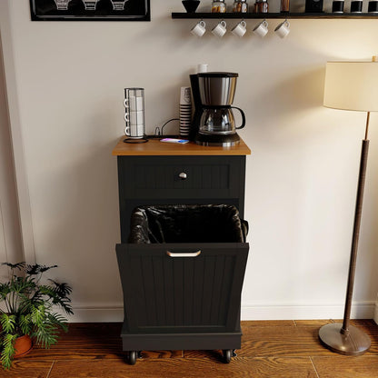 10 Gallon Tilt Out Trash Cabinet, Wooden Kitchen Trash Can Cabinet with Hideaway Drawer, Freestanding Laundry Hamper Garbage Recycling Cabinet on Wheels, Pet Proof, Single, Black
