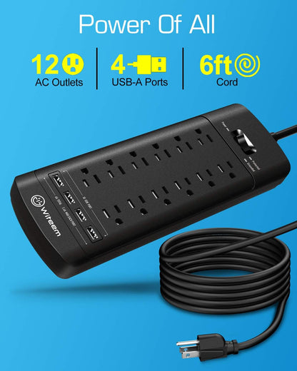 Surge Protector Power Strip - 12 Outlets,4 USB 6A Ports, 6Ft Extension Cord, 1875W/15A, 4360Joules, Overload Protection - Ideal for Home & Office Use (Black-USB6A)