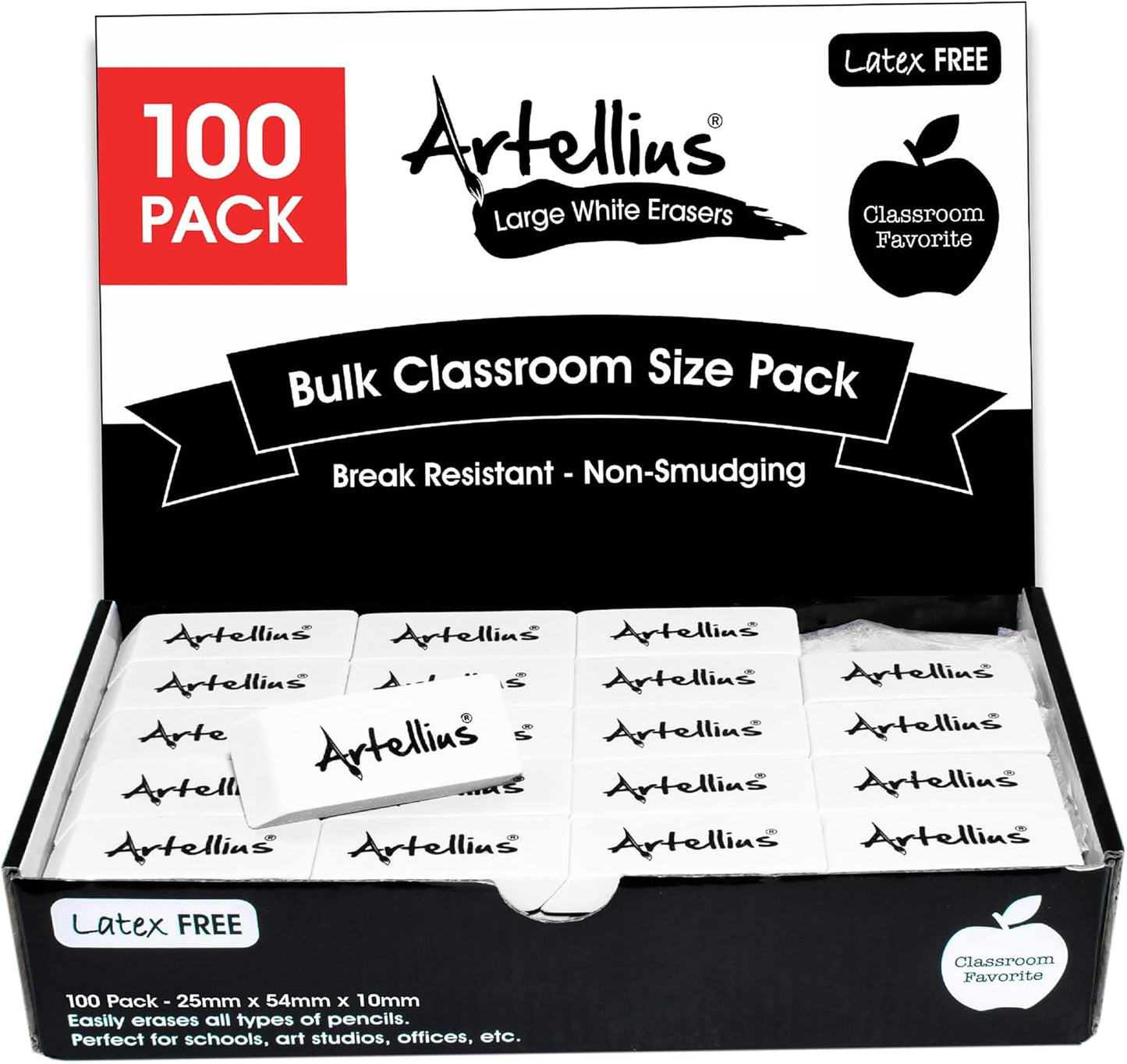 Artellius White Erasers - Large Size Latex & Smudge Free - Bulk School Supplies for Classrooms, Drawing, Teachers, Homeschool, Office, Art Class - Pack of 100 - Teacher Supplies