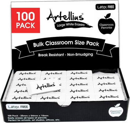 Artellius White Erasers - Large Size Latex & Smudge Free - Bulk School Supplies for Classrooms, Drawing, Teachers, Homeschool, Office, Art Class - Pack of 100 - Teacher Supplies
