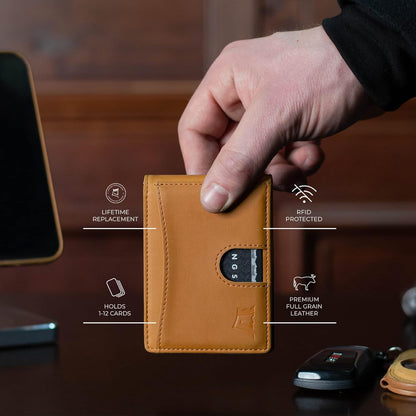 Kings Loot Money Clip Slim Minimalist Wallet for Men – RFID Blocking Leather Design with Money Clip – Front Pocket Bifold Holds 12 Cards – Stylish & Compact Wallets (Buckskin)