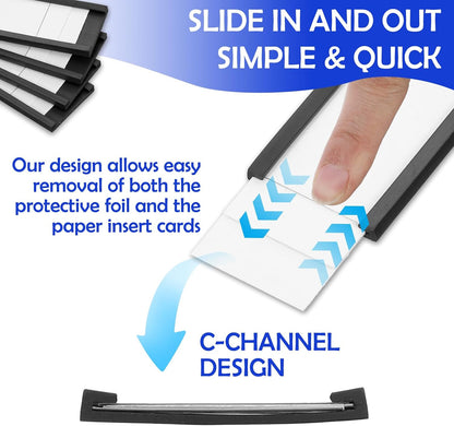 60 Pack Magnetic 'C' Channel Label Holders for Metal Racks and Shelves with Protective Films and Replacement Strips 3" x 1"