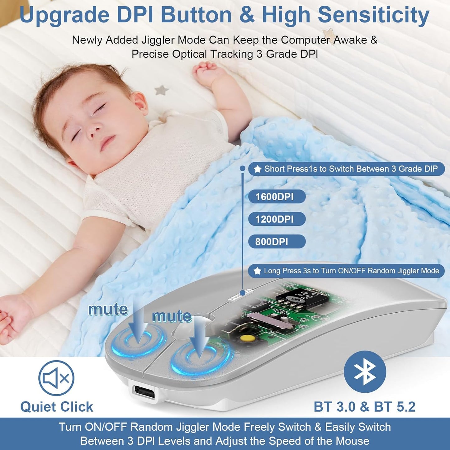 Mouse for Laptop Wireless Bluetooth - MacBook Air Mac Pro PC iPad Optical Rechargeable Silent Mouse with Jiggler Dual Mode Switch Bluetooth 5.2/3.0 and 2.4GHz USB-A and Type-C Receiver Black