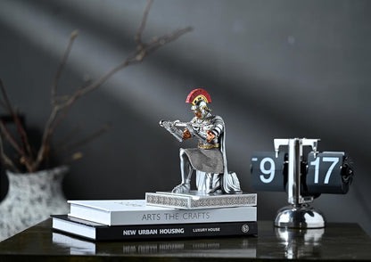 Roman Praetorian Prefect Warrior Knight Pen Holder Desk Ornament Resin Praetorian Guard Mobile Phone Stand Desk Accessories and Organizer For Office with a Letter Opener (Silver)