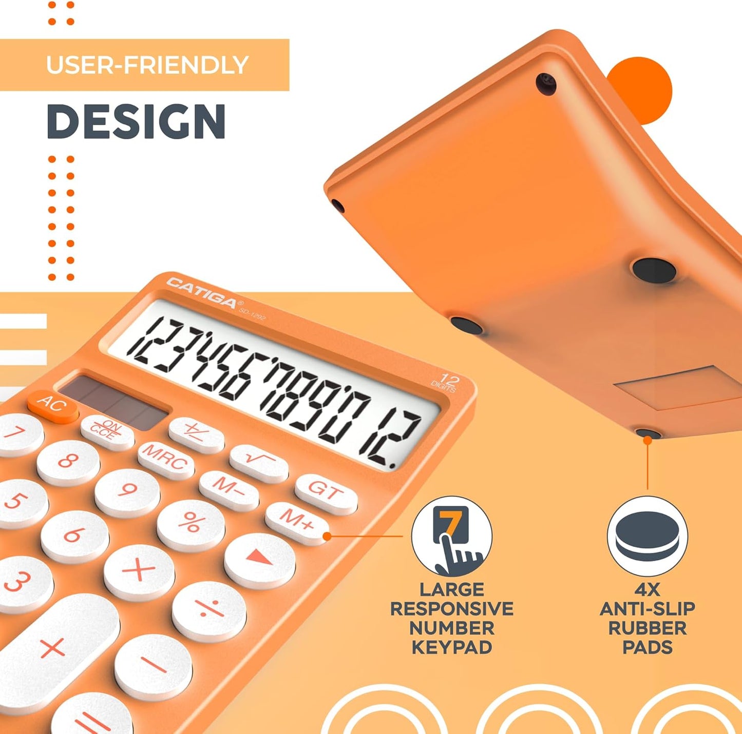 CATIGA 12 Digit Desktop Calculator Basic Desk Calculator with Large LCD Display, Big Buttons, 4 Function, Solar and Battery Dual Power, for Office, School, Home, SD-1292 Orange