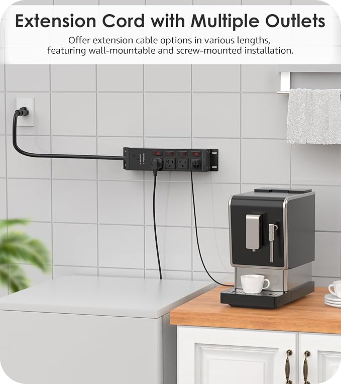 CCCEI Heavy Duty Surge Protector Power Strip 20 Amp Individual Switches. 15FT 12 Gauge Extension Cord with Multiple Outlets. Kitchen, Garage, Shop, Industrial Wall Mount Electric Extender, Black.