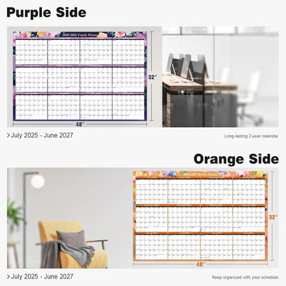 Ospelelf 32'' x 48'' Large Dry Erase Calendar for Wall 2025-2027, 2 Year Laminated Calendars Monthly Family Calendar for Office, Use July 2025 - June 2027 (Floral)