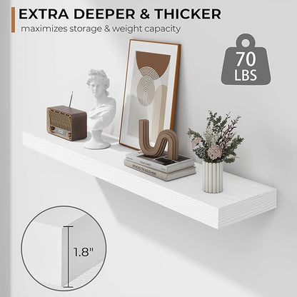 Fun Memories 36 Inch Floating Shelves - Deep Rustic White Wooden Wall Shelves - Extra Deeper & Thicker Wall Mounted Storage Shelf for Bedroom, Kitchen, Farmhouse - 2 Pack, Rustic White