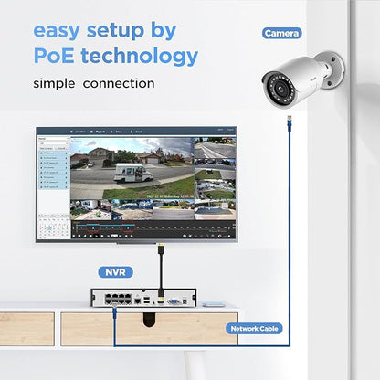 PoE Security Camera System 4K, 8pcs 8MP Wired Bullet IP PoE Cameras Outdoor w/Mic, AI Person Detection, 4K/8MP 8 Channel NVR 2TB HDD, 110ｰ Wide Angle, 100ft IR Night Vision, PB37F0808-8M