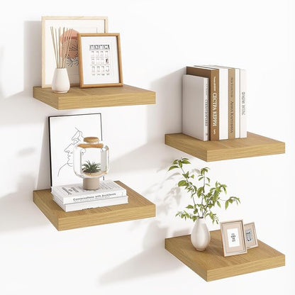 Fun Memories Square Floating Shelves for Wall - 9.3 Inch Deep Floating Shelves with Invisible Brackets, Oak Small Wall Shelf for Living Room, Bathroom, Bedroom, and Kitchen Decor，Set of 4