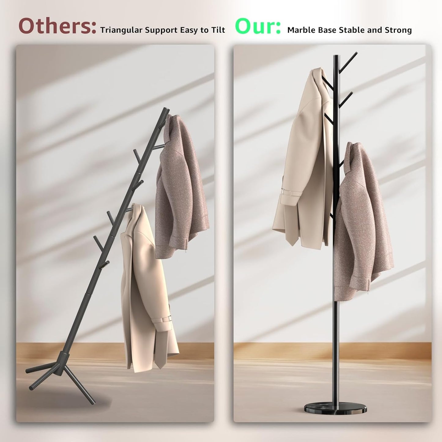 Coat Rack with Natural Marble Base, Metal Freestanding Coat Rack with 8 Hooks, 3 Adjustable Size Sturdy Coat Tree for Bags, Coats, and Hats for Entryway, Hallway, Bedroom, Office, Black