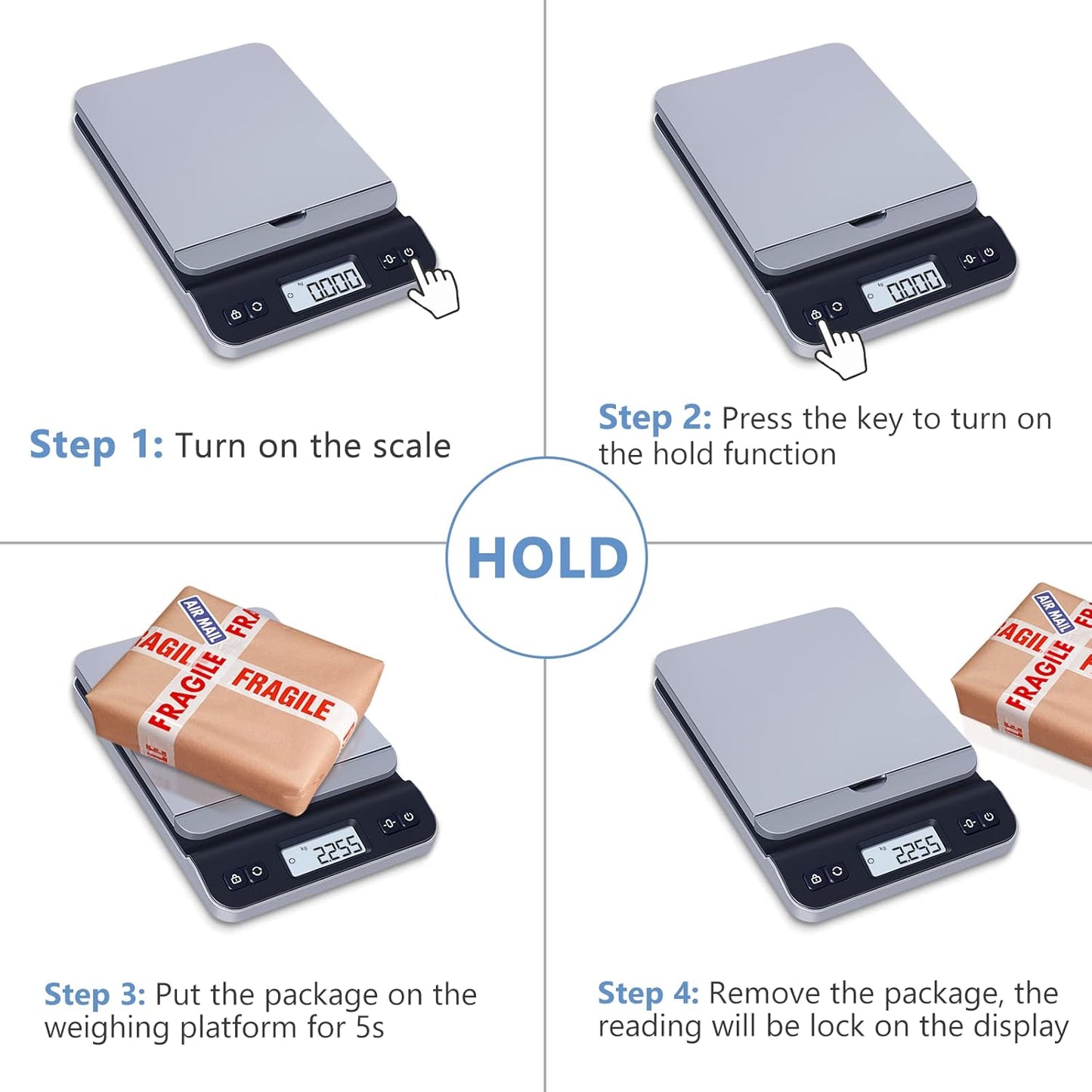 QP Shipping Scale, 86lb/0.1oz High Accuracy Digital Postal Scale for Packages, Hold/Tare Function, Backlit LCD Display, Flip-up Holder, Postage Scale, Mail Scale, Battery & Tape Measure Included
