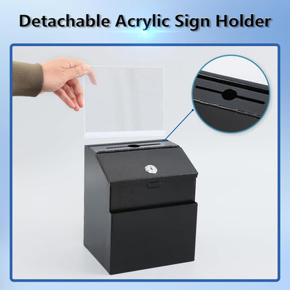 KYODOLED Suggestion and Ballot Box with Lock and Slot, Metal Wall Mounted Donation Key Drop Box with Clear Acrylic Sign Holder and 50 Free Suggestion Cards & 2 Keys, 8.5H x 5.9W x 7.3L Inch, Black