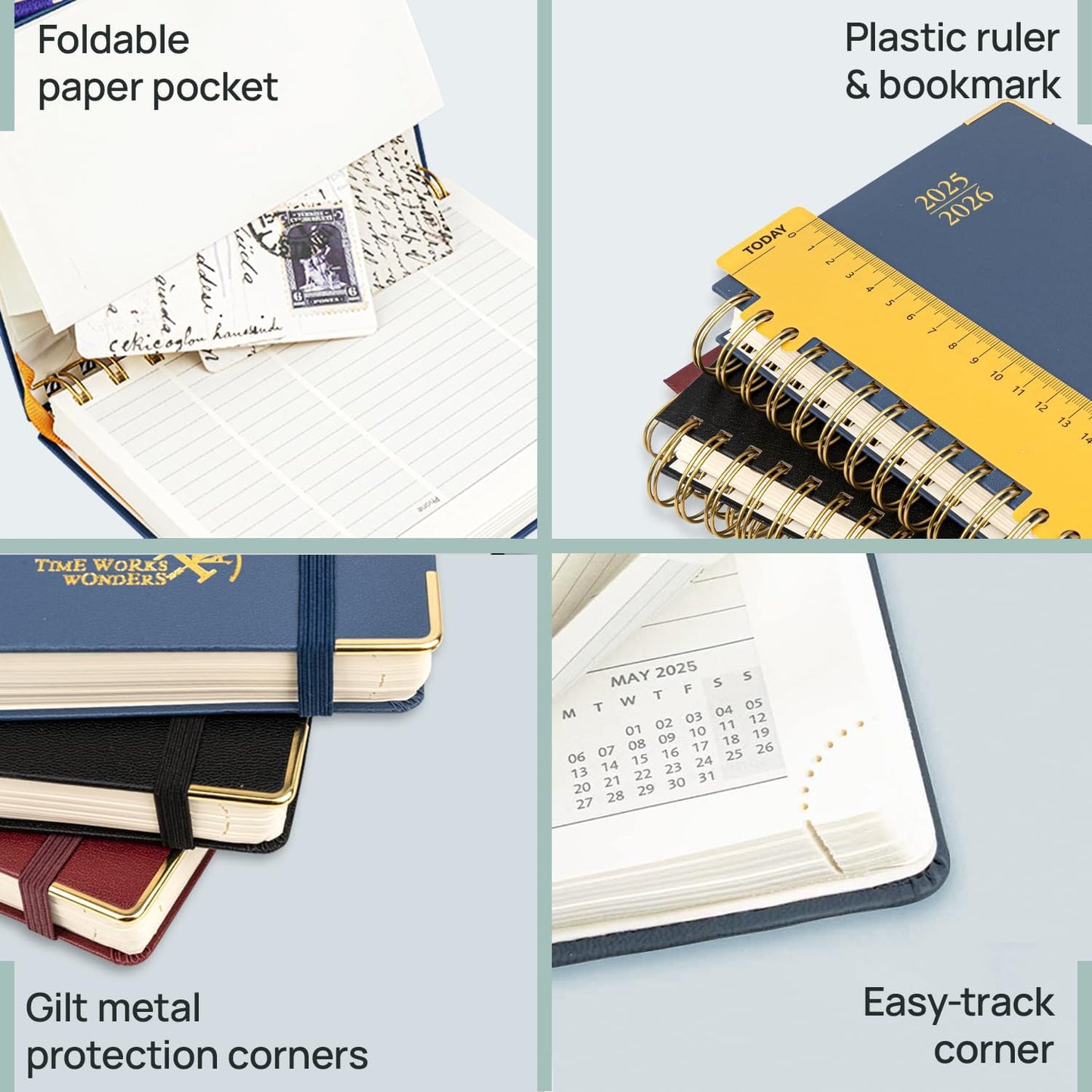 POPRUN Pocket Planner 2025-2026 (Spiral Hardcover - 4''x 6.25''), Daily Weekly and Monthly (July 2025 - June 2026) with Hourly Time Slots, for Purse, 100 GSM - Haze Blue