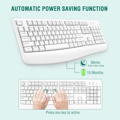 EDJO Wireless Keyboard, 2.4G Ergonomic Full Size Wireless Computer Keyboard with Wrist Rest for Windows, Mac OS Desktop/Laptop/PC（White）